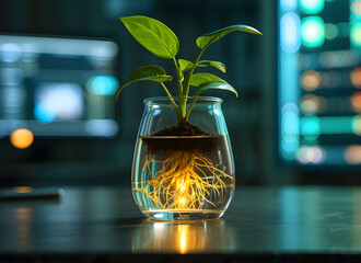 Small green plant in a glass vase on a table in an office setting indoors