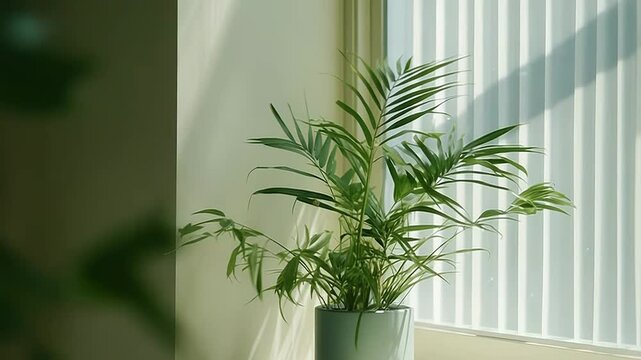 Green parlor palm plant thrives in a light pot placed on a windowsill, receiving natural morning sunlight streaming through vertical blinds, creating a tranquil and fresh indoor environment
