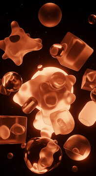 Abstract glowing orange amoebic shapes and geometric solids float in the dark cosmic void with intense subsurface scattering.