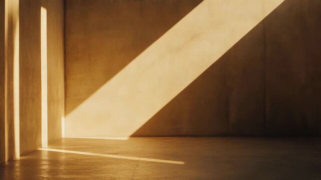 Concrete walled, empty interior bathed in warm sunbeams, strong shadows stretching across floor and wall, minimalist space evoking quiet solitude and new beginnings