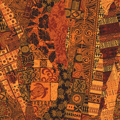 Obraz premium Polynesian traditional fabrics and tribal tapa cloth elements patchwork abstract vector seamless pattern for fabric summer wear shirt pillow tablecloth carpet poster pad