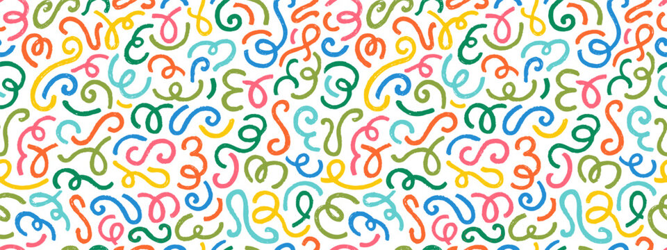Abstract seamless pattern with crayon squiggle lines. Modern pattern with color doodle shapes, cute wavy, curvy and swirl lines with chalk texture. Abstract squiggle background, vector illustration