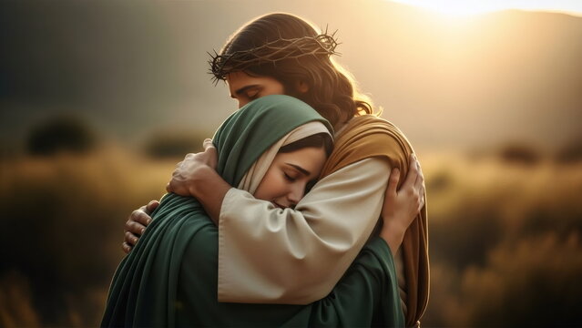 The weeping woman in the shawl, the Virgin Mary, the mother of Jesus, embracing and comforting Jesus Christ, personifies the concepts of empathy, support and friendship.