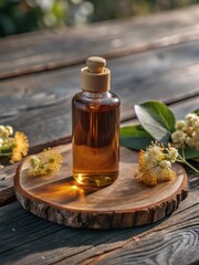 Fragrant linden oil gently pools on a weathered wood table in a serene forest setting