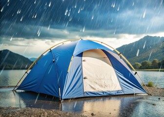 A waterproof camping tent stands sturdy in the midst of a torrential downpour, its rain fly securely locked into place