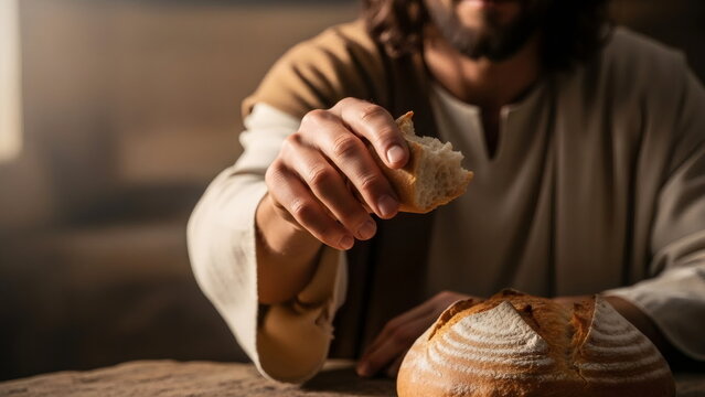 Jesus breaks bread with his hands. The religious concept of the sacrament of the Eucharist. Christian faith, Holy Communion, a symbol of communion.