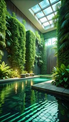 Soothing oasis created in modern space with lush green wall and serene flooring