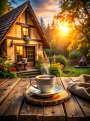 Cozy rustic country cottage with a warm cup of coffee and soft natural light
