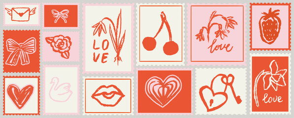Valentines day post stamps in hand drawn doodle charcoal style. Wedding invitation postal elements for poster, placard or postcard prints. Love vector illustrations for mail, letters and scrapbook. © KPstudio