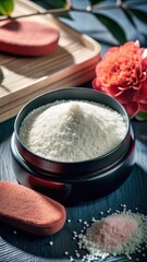 Natural exfoliating powder gently removes dead skin cells on a serene blue background