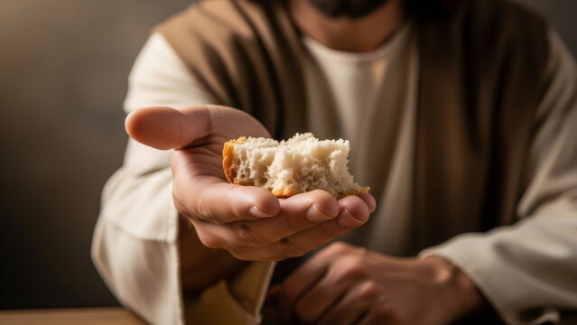 Jesus breaks bread with his hands. The religious concept of the sacrament of the Eucharist. Christian faith, Holy Communion, a symbol of communion.
