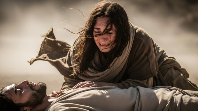 The image of the Virgin Mary weeping over the crucified Jesus Christ lying on the ground, a concept of grief, loss and death.