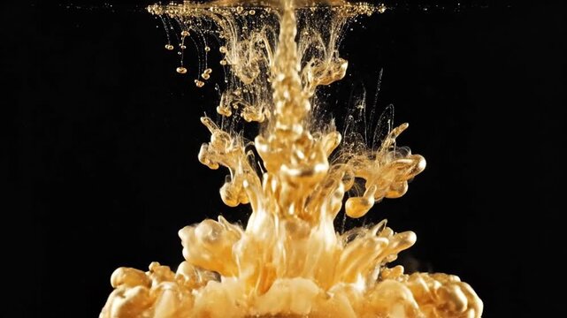 Golden liquid swirling and dissolving in water, creating abstract patterns against a black background.