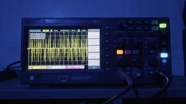 A digital oscilloscope displays a complex electrical signal on its screen, sitting in a dark lab with dramatic blue lighting. Concept of data analysis, electronic engineering, and scientific research.