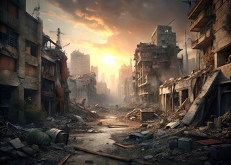 Turbulent urban landscape with debrisfilled streets and destroyed buildings