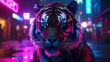 A majestic tiger bathed in vibrant neon light. The scene is a rainy, bustling cityscape with blurry background figures