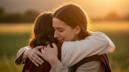 Fototapeta premium Two women in ancient robes embracing outdoors, showing comfort and support. Biblical concept for religious education or historical representation.