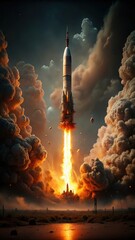 Rocket bursts into the sky with a fiery explosion of flames and smoke
