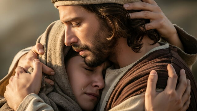 The weeping woman in the shawl, the Virgin Mary, the mother of Jesus, embracing and comforting Jesus Christ, personifies the concepts of empathy, support and friendship.