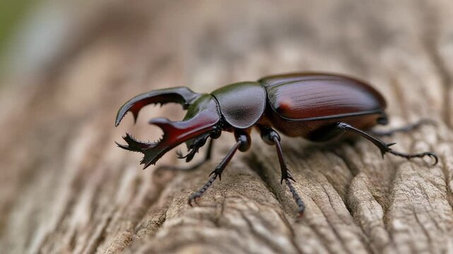 Majestic Stag Beetle Lucanus Cervus on Wooden Surface Close-Up Detailed Footage