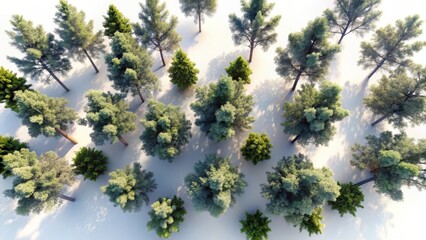 Aerial view of majestic tree silhouettes against a crisp white background