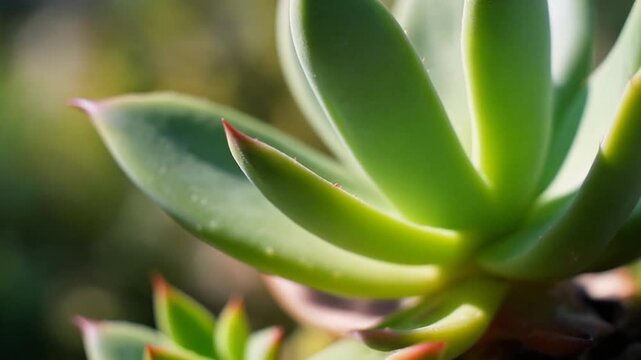 Macro shot of a vibrant green Echeveria succulent plant in natural sunlight, showcasing intricate leaf details