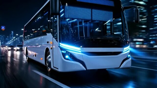 Electric Bus Driving on City Street at Night