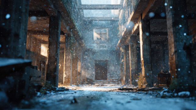Abandoned concrete building interior with falling snow, broken columns and cold light creating dramatic post apocalyptic atmosphere