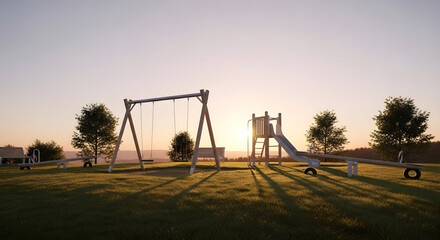 Fototapeta premium Children's playground with swing set and slide at sunset in a serene outdoor environment viewed from a distance