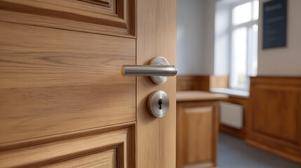 Obraz premium A partially open polished wooden door with a sleek metal handle offering a view into a bright modern office space with wood paneling
