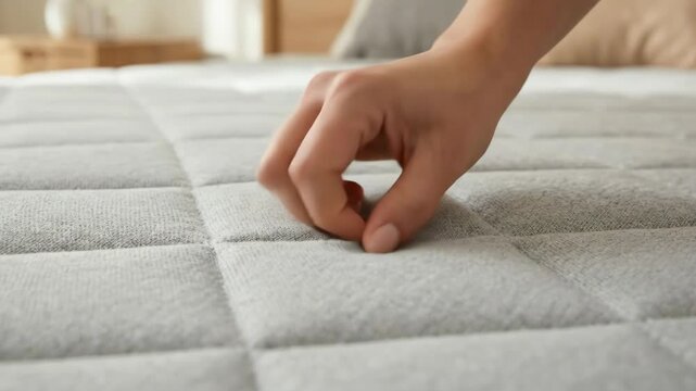 Female hand gently presses and pinches a soft gray mattress surface, showcasing texture and comfort in a well-lit bedroom setting with wooden furniture