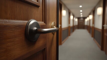Obraz premium An open wooden door in a hotel hallway suggests a warm welcome and further explo n of its interiors