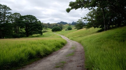 A winding dirt path leads through vibrant green grassy hills under a cloudy overcast sky suggesting a journey into nature
