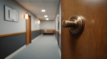 Obraz premium A close up view of an open wooden door with a brass doorknob revealing a clean empty hallway with recessed lighting and muted colors