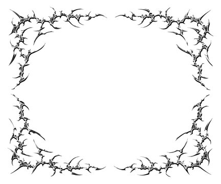 cyber tribal gothic frame design with sharp, symmetrical thorns chrome shapes on transparent background, perfect for dark art illustration decoration