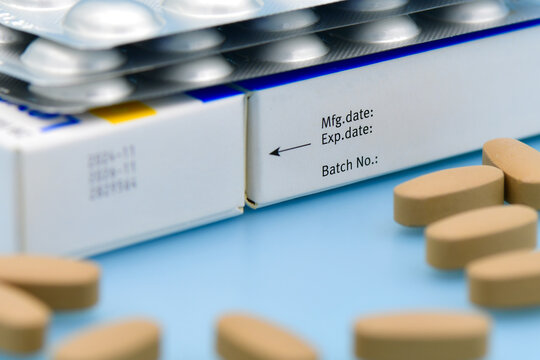 Manufacturing date and expiry date on some pharmaceutical packaging.