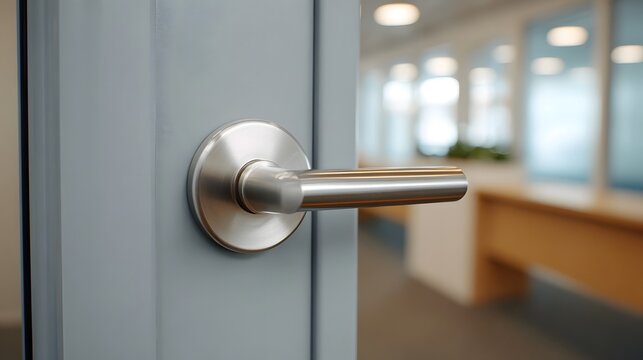 Close up of a modern silver lever door handle on a grey office door open to a blurred interior