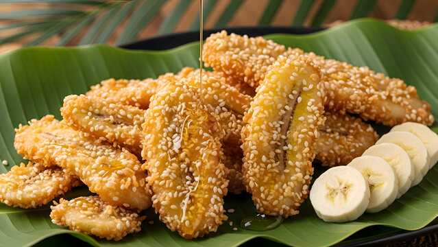 Crispy fried banana fritters with honey on banana leaf golden brown and sesame seeds sliced bananas on the side tropical dessert