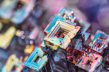 Obraz premium Macro photography of Bismuth hopper crystal. Geometric tunnel structure with iridescent teal, gold, and violet metallic oxidation.