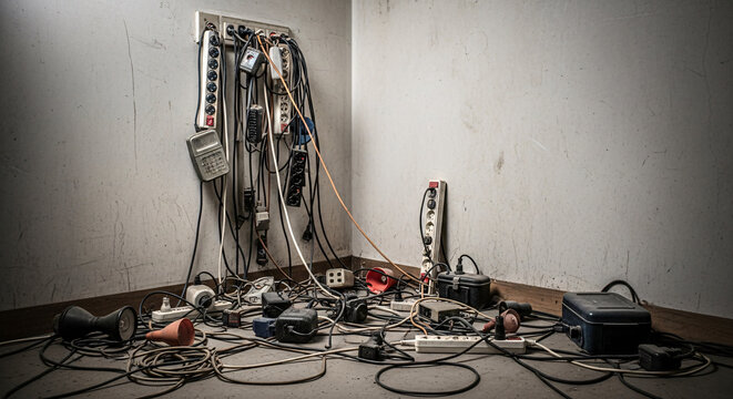 Overloaded Electrical Power Strip Situation With Tangled Messy Cords And Excessive Devices Plugged Into Wall Outlets Creating A Fire Hazard