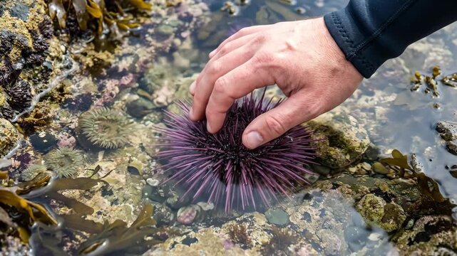Hand of a person gently touching a purple sea urchin in a tidal pool surrounded by rocks and seaweed, showcasing marine life in a coastal environment