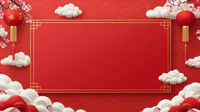 Festive Red Panel: A vibrant rectangular panel takes center stage, framed by delicate cherry blossoms, lanterns, and fluffy clouds against a textured red backdrop.