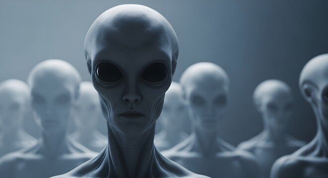 Army of grey aliens standing in a smoky dark environment. Global threat and organized invasion. Extraterrestrial humanoids emerging from shadows in a monochrome cinematic style