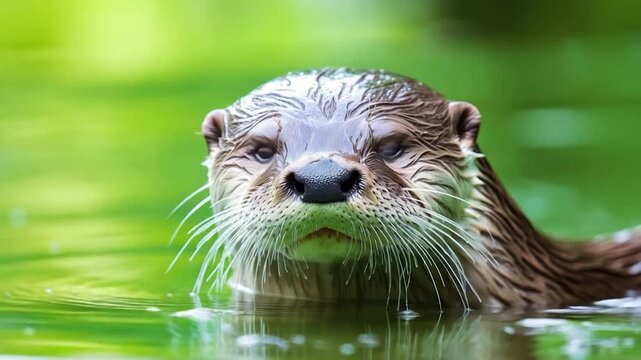 A close-up portrait of a wet otter in serene water, peering directly at the viewer