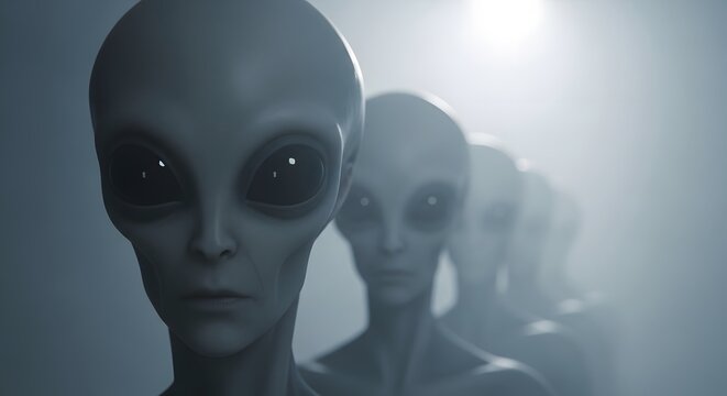 Row of grey aliens standing under a bright overhead spotlight. Interrogation room and secret government facility. Extraterrestrial species looking forward in a hazy environment