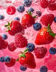 Strawberries, raspberries, and blueberries floating in soda water　ソーダ水に浮かぶイチゴとラズベリーとブルーベリー