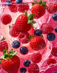 Strawberries, raspberries, and blueberries floating in soda water　ソーダ水に浮かぶイチゴとラズベリーとブルーベリー