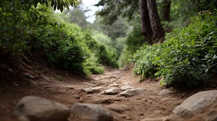 A scenic narrow rocky dirt path meanders uphill through a lush green forest