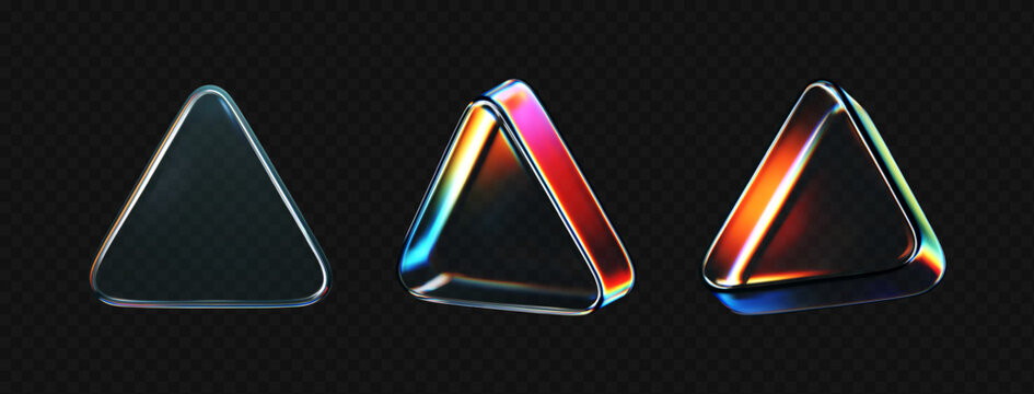 3D glass triangles with vibrant holographic glow and prism refraction isolated on dark background. Modern geometric elements for digital music interface, y2k futuristic background. 3d vector figure