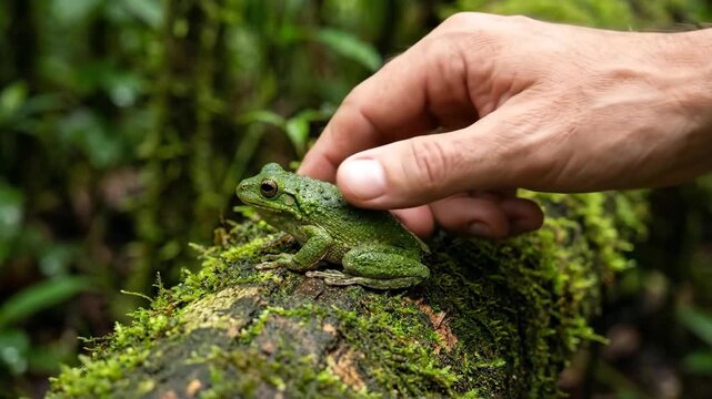 Green frog perched on a moss-covered log in a lush forest, as a hand gently approaches to touch its back, showcasing a moment of interaction in nature